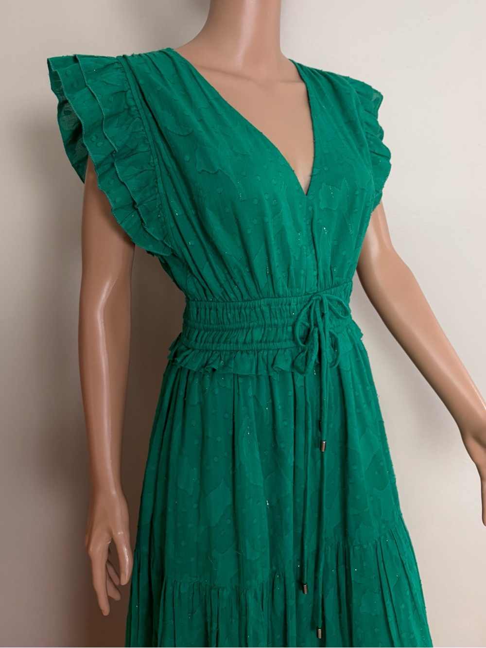 BOHO! Women's KARINA GRIMALDI Kelly Green KARLA Tiered RUFFLE Sleeve MAXI DRESS - Picture 4 of 7